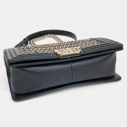 Chanel Beige Black Leather Boy Medium Bag