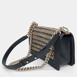 Chanel Beige Black Leather Boy Medium Bag