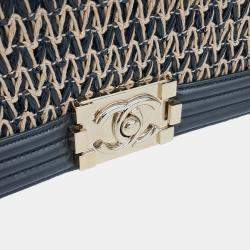 Chanel Beige Black Leather Boy Medium Bag