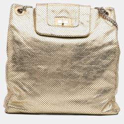Chanel Gold Perforated Crackled Metallic Calfskin Drill Tote