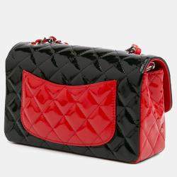 Pre Owned Chanel Red/Black Mini Rectangular Bicolor Patent Single Flap