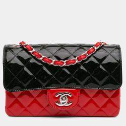 Pre Owned Chanel Red/Black Mini Rectangular Bicolor Patent Single Flap