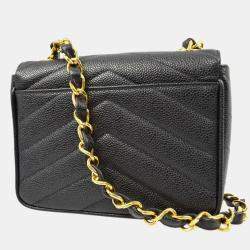 Pre Owned Chanel Black Calfskin Chevron Mini Square Shoulder Bag