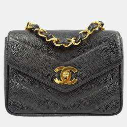Pre Owned Chanel Black Calfskin Chevron Mini Square Shoulder Bag