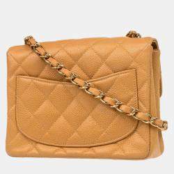 Pre Owned Chanel Beige Calfskin Mini Classic Square Flap Shoulder Bag