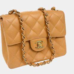 Pre Owned Chanel Beige Calfskin Mini Classic Square Flap Shoulder Bag