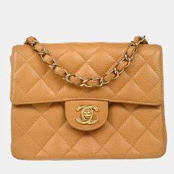 Pre Owned Chanel Beige Calfskin Mini Classic Square Flap Shoulder Bag