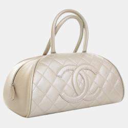 Chanel White Metallic Quilted Caviar Bowler Bag