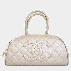 Chanel White Metallic Quilted Caviar Bowler Bag