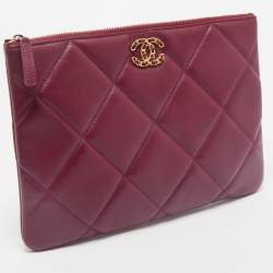 Pre Owned Chanel Burgundy Quilted Lambskin Leather Medium O Case Clutch