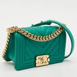 Chanel Green Chevron Leather Small Boy Flap Bag