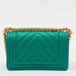 Chanel Green Chevron Leather Small Boy Flap Bag