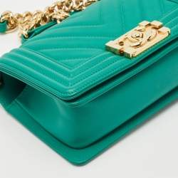 Chanel Green Chevron Leather Small Boy Flap Bag