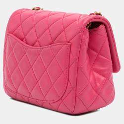 Pre Owned Chanel Pink Mini Square Classic Lambskin Pearl Crush Single Flap