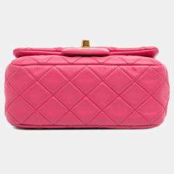 Pre Owned Chanel Pink Mini Square Classic Lambskin Pearl Crush Single Flap