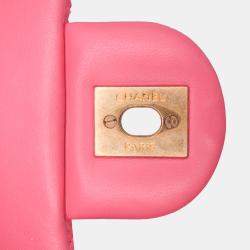 Pre Owned Chanel Pink Mini Square Classic Lambskin Pearl Crush Single Flap