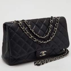 Pre Owned Chanel Black Quilted Caviar Leather Jumbo Classic Single Flap Bag