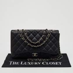 Pre Owned Chanel Black Quilted Caviar Leather Jumbo Classic Single Flap Bag