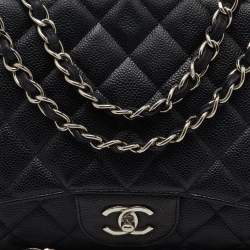 Pre Owned Chanel Black Quilted Caviar Leather Jumbo Classic Single Flap Bag
