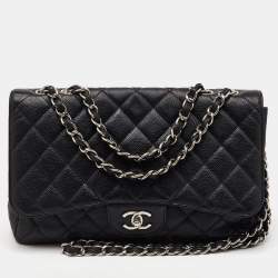 Pre Owned Chanel Black Quilted Caviar Leather Jumbo Classic Single Flap Bag