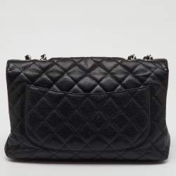 Pre Owned Chanel Black Quilted Caviar Leather Jumbo Classic Single Flap Bag