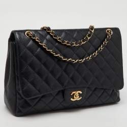 Pre Owned Chanel Black Quilted Caviar Leather Maxi Classic Single Flap Bag