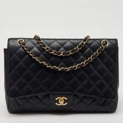 Pre Owned Chanel Black Quilted Caviar Leather Maxi Classic Single Flap Bag