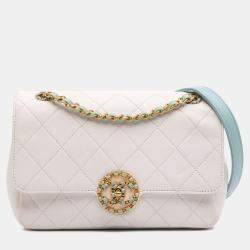 Pre Owned Chanel Blue/White CC Quilted Calfskin Single Flap