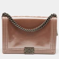 Chanel Beige Patent Leather Large Reverso Boy Flap Bag