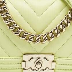 Chanel Yellow Green Chevron Leather Small Boy Flap Bag