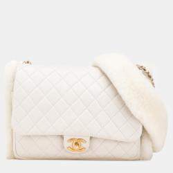 Pre Owned Chanel White Quilted Lambskin and Shearling CC Muff Flap