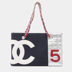 Chanel Navy Red Canvas Chocolate Bar Tote Bag
