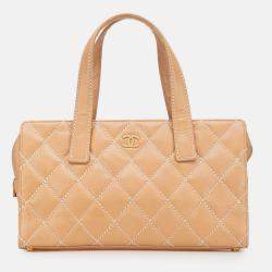 Chanel Beige/Brown CC Lambskin Wild Stitch Handbag