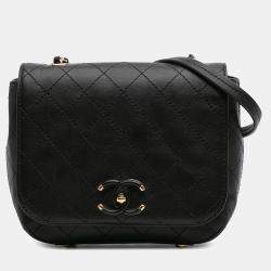 Pre Owned Chanel Black Small Stitched Calfskin Covered CC Flap