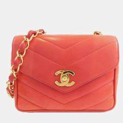 Pre Owned Chanel Red Chevron Quilted Lambskin Square Mini Flap Bag