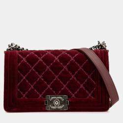 Pre Owned Chanel Burgundy Velvet Medium Velvet Boy Bag
