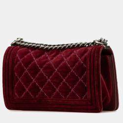 Pre Owned Chanel Burgundy Velvet Medium Velvet Boy Bag
