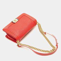 Pre Owned Chanel Red Leather Boy Waffle Chain Shoulder Bag