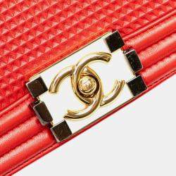 Pre Owned Chanel Red Leather Boy Waffle Chain Shoulder Bag