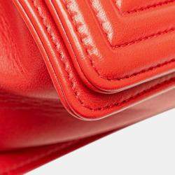 Pre Owned Chanel Red Leather Boy Waffle Chain Shoulder Bag