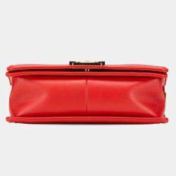 Pre Owned Chanel Red Leather Boy Waffle Chain Shoulder Bag