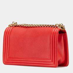 Pre Owned Chanel Red Leather Boy Waffle Chain Shoulder Bag