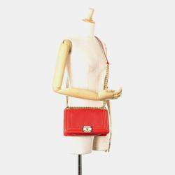 Pre Owned Chanel Red Leather Boy Waffle Chain Shoulder Bag