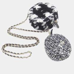 Chanel Black and White Tweed Shearling Round Clutch With Chain and Coin Purse