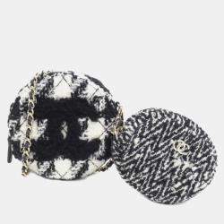 Chanel Black and White Tweed Shearling Round Clutch With Chain and Coin Purse