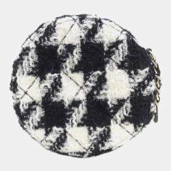 Chanel Black and White Tweed Shearling Round Clutch With Chain and Coin Purse