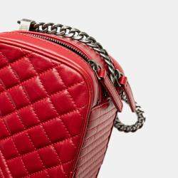 Pre Owned Chanel Red Small Quilted Glazed Calfskin Coco Boy Camera Bag