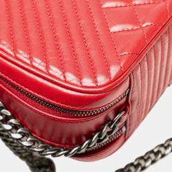 Pre Owned Chanel Red Small Quilted Glazed Calfskin Coco Boy Camera Bag