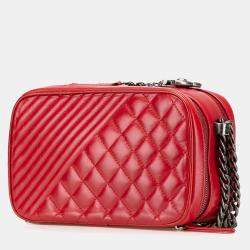 Pre Owned Chanel Red Small Quilted Glazed Calfskin Coco Boy Camera Bag