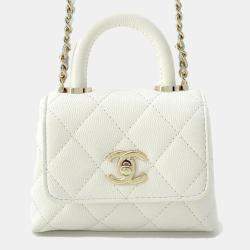 Chanel White Caviar Quilted Micro Coco Handle Clutch With Chain